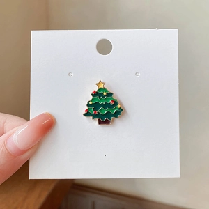 Cute green Christmas tree enamel brooch with colorful decorations on white card