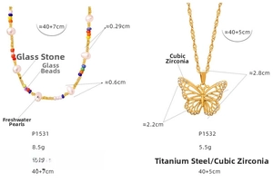 Detail view of colorful glass bead necklace and gold butterfly pendant with measurements
