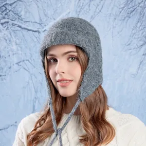 Knit Ear Flap Beanie Hat Windproof Thermal Winter Outdoor Acrylic Fuzzy Plush With Tie Straps For Women