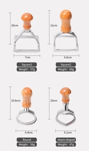 Detailed views of square, round and heart-shaped pasta cutters with wooden handles