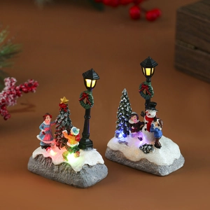 Illuminated Christmas resin miniature house with snowman and tree for festive decor
