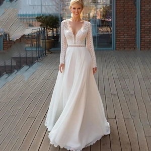 Elegant Wedding Dress French Long Sleeve Lace Satin Deep V Neck Bridal Gown With Train Simple Style For Women