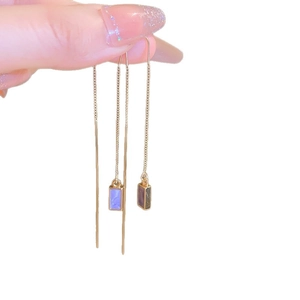 Elegant gold threader earrings featuring purple oil-drop rectangular chain pendants