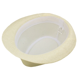 Detail view of woven paper straw fedora with interior sweatband and size 58 label