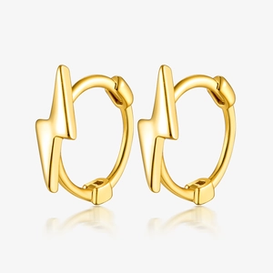 Detailed view of lightning bolt hoop earrings in gold finish with smooth polished surface