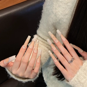 Handmade long coffin press-on nails with nude gradient and luxury pearl diamond accents