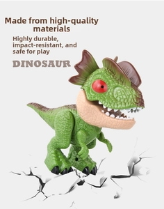 Green dilophosaurus toy with cracked ground base and durable plastic dinosaur design