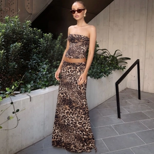 Haut Tube Et Jupe Maxi Taille Haute Femmes Polyester Élasthanne Imprimé Floral Léopard Coupe Ajustée Tenues Vacances Été