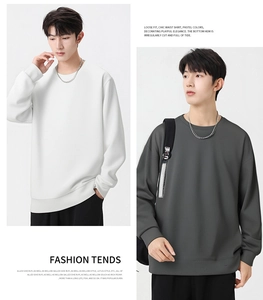 Detail showing loose fit crewneck sweatshirts with irregular hem design in grey and white