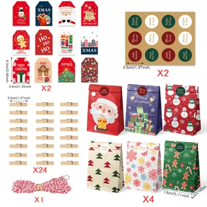 Christmas Gift Bags Kraft Paper Wooden Clips Holiday Tags Round Stickers Cotton Rope Decorative Wrapping