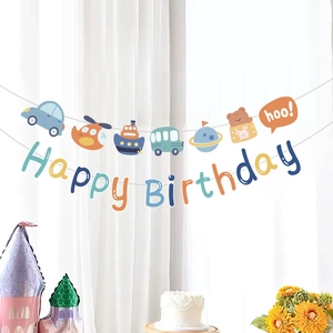 Banderole Joyeux Anniversaire Voiture Dessin Animé Ours Guirlande En Papier Pour Décoration De Fête Anniversaire Enfant