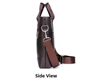 Side view of dark brown pebbled leather briefcase with shoulder strap and silver hardware