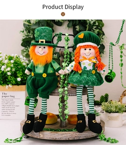 Detailed St. Patrick's Day plush elves set with clover prints and long striped legs