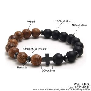 Natural stone and wood bead cross bracelet with hematite spacers for men and women