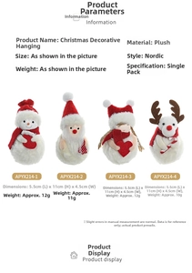 Detail view of plush Christmas character ornaments including reindeer and snowman dolls