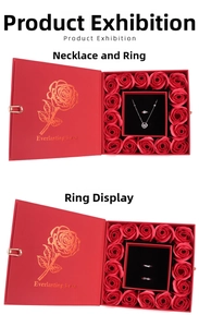 Detailed view of red rose jewelry box with velvet tray for necklace and rings