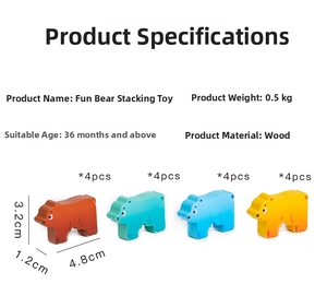 Close-up of 16 colorful wooden bear stacking blocks with dimensions and specifications
