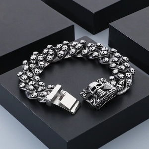 Gothic skull head cuban link bracelet in vintage silver stainless steel for men