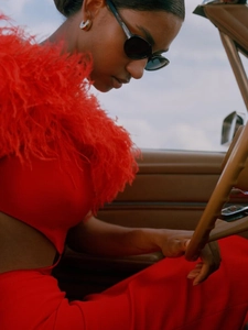 Close-up of vibrant red bodycon dress featuring luxury feather trim on the neckline