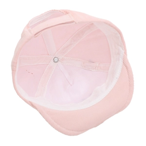 Internal view of pink corduroy baby baseball cap with stitching and adjustable strap