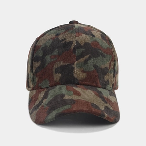 Front detail of camouflage corduroy baseball cap with six-panel stitching and curved brim