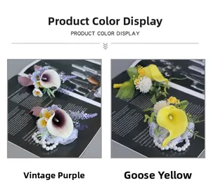 Calla lily corsage and boutonniere set with retro purple and goose yellow floral accents