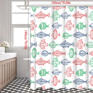 Detailed view of fish pattern waterproof shower curtain measuring 180x180cm in modern bathroom