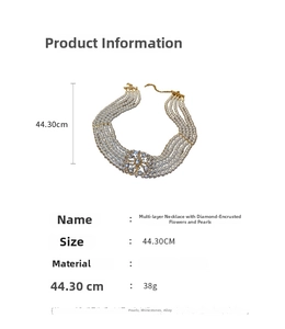 Detail view of multi-layer pearl choker with crystal flower pendant and size dimensions