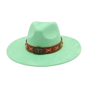 Mint green wide brim cowboy hat with brown leather band and metallic ox head buckle