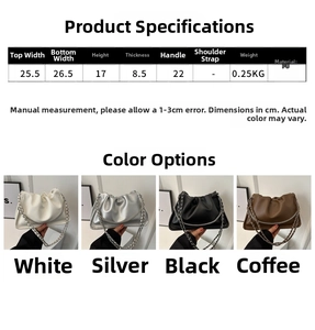 Detailed size chart and specifications for the pleated chain bucket shoulder bag in PU