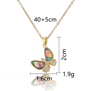 Detailed size specifications for gold butterfly necklace with rainbow inlay and white crystals