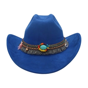 Hellblauer Wildleder-Cowboyhut mit aufwendigem ethnischem Perlenband und Türkisstein-Detail