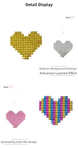 Detail of heart-shaped aluminum foil balloons with pixelated metallic grid patterns