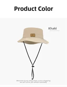 Detail view of khaki sun hat with adjustable chin strap and breathable cotton fabric