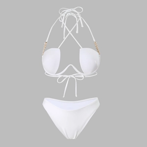 Detail of white bikini top with pearl bead hardware and underwire push-up cups