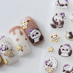 3D embossed panda nail stickers with purple sleep caps and cream stars decoration