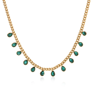 Detail of gold chain necklace featuring green teardrop zircon pendants on white background