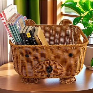 Cesto Portaoggetti Intrecciato Cartone Animato Animale Orso Mostro Organizzatore Scrivania Snack Frutta Arredo Casa Rattan Plastica