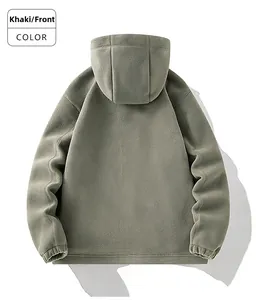 Detail view of khaki thermal fleece hoodie with elasticated cuffs and drawstring hood