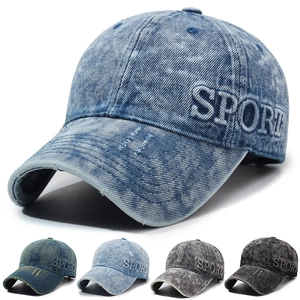Vintage Washed Denim Baseball Cap Distressed Cotton Retro Sport Letter Embroidery Adjustable Sun Hat Unisex