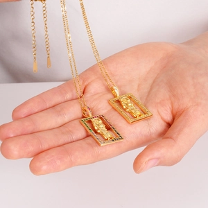 Square gold Virgin Mary pendant necklaces with sparkling zircons on fine link chains