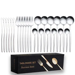 Detailed view of 24-piece gold stainless steel cutlery set with premium black gift box