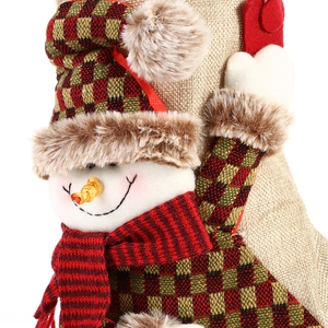 Linen Christmas stocking with 3D snowman pendant wearing red plaid scarf and hat