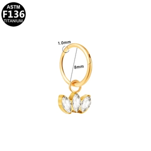 F136 titanium clicker hoop with three marquise zircon stones 1.0mm gauge 8mm diameter