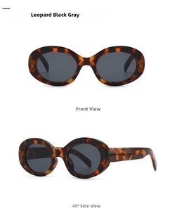 Detail view of leopard print oval sunglasses showing front and 45-degree side angles