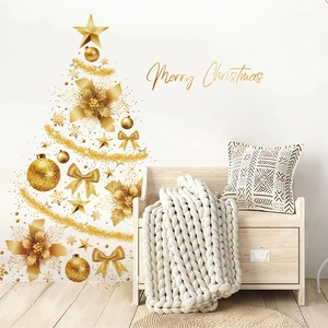 Golden Christmas tree wall decal with Merry Christmas text for festive home decoration