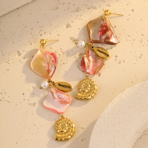 Bohemian beach style gold earrings with pink shell, tassel, pearl and conch charms