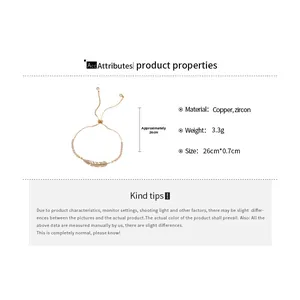Zircon feather adjustable copper bracelet details, 26cm length and 3.3g weight specs