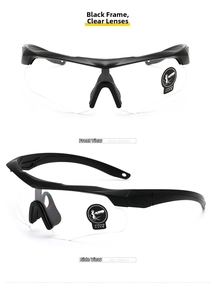 Front and side views of black tactical goggles with clear lenses for shooting and cycling
