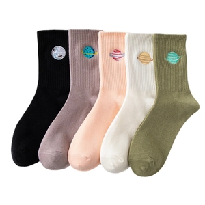 Five pairs of cotton mid-calf socks with planet embroidery in five assorted colors